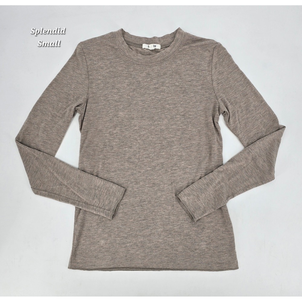 Splendid Women's Small Taupe Long Sleeve Crewneck Tee Modal Blend Quiet Luxury